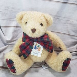 Just Friends Curly Tan Teddy Bear Tartan Plaid Bow Paws Sitting 10 Inch 1994